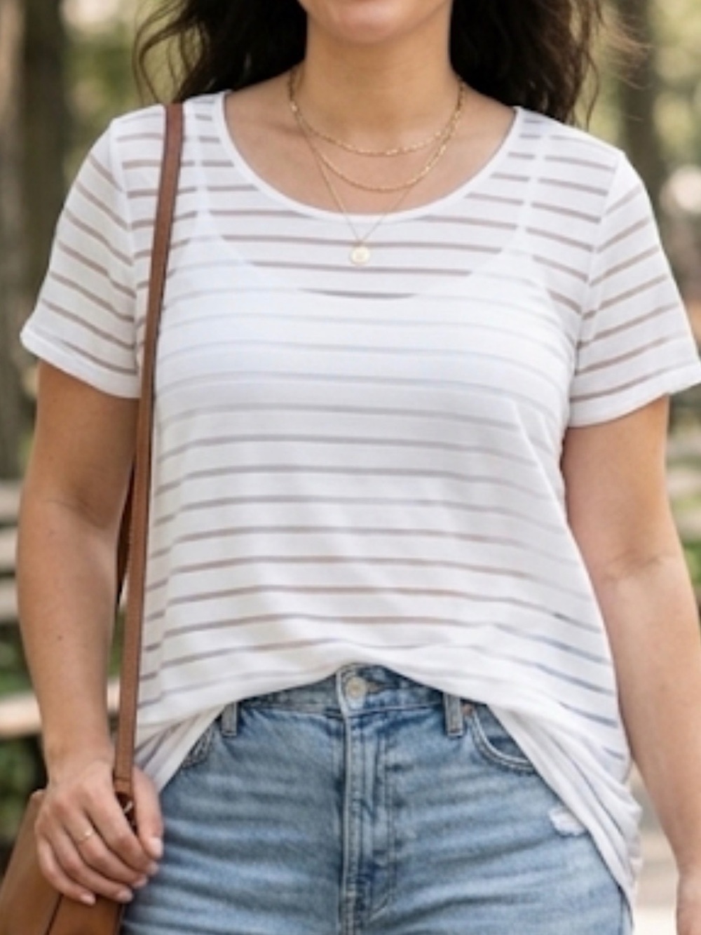 INC International Concepts White Sheer Striped Short Sleeve Tee